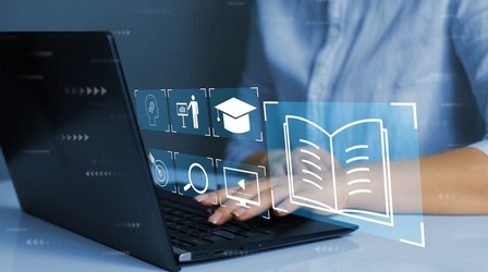 Person using a laptop with education icons overlaid