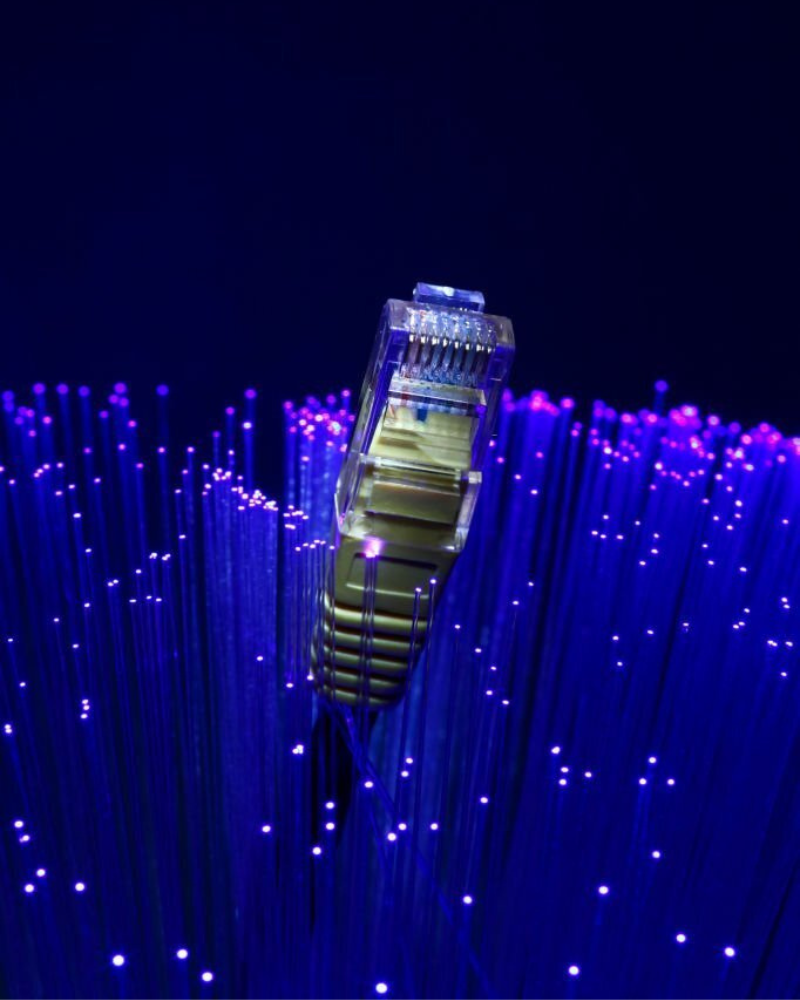 Fiber optic connector surrounded by illuminated fiber strands
