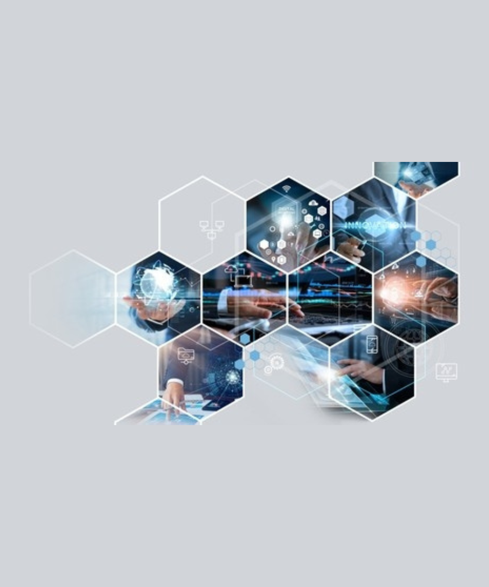 Hexagonal network icons overlaid on a person using a tablet